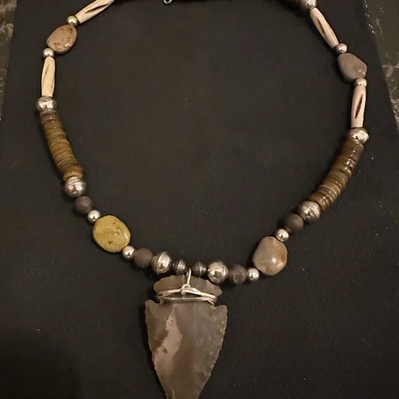 Hand Crafted One of a Kind Jasper/Shell/Bone/Turquoise-Sterling Silver Necklace - Picture 2 of 4